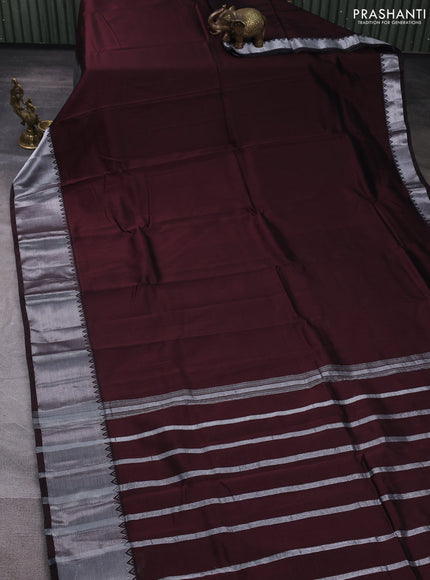 Mangalgiri silk cotton saree coffee brown and beige with plain body and temple design silver zari woven border