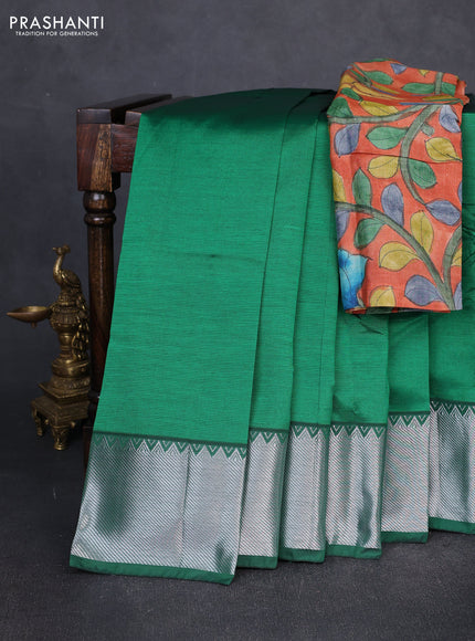 Mangalgiri silk cotton saree green and orange with plain body and temple design silver zari woven border