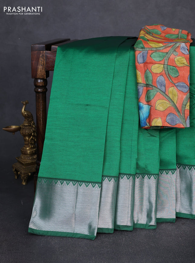 Mangalgiri silk cotton saree green and orange with plain body and temple design silver zari woven border
