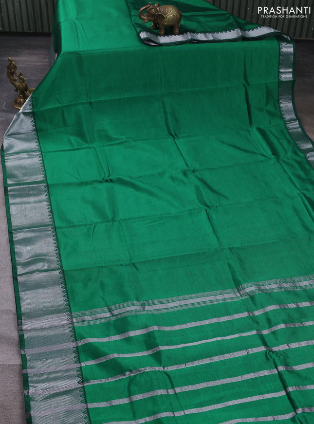 Mangalgiri silk cotton saree green and orange with plain body and temple design silver zari woven border