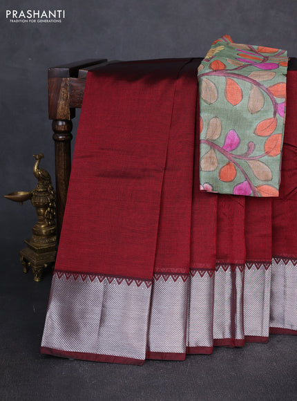 Mangalgiri silk cotton saree maroon and green with plain body and temple design silver zari woven border