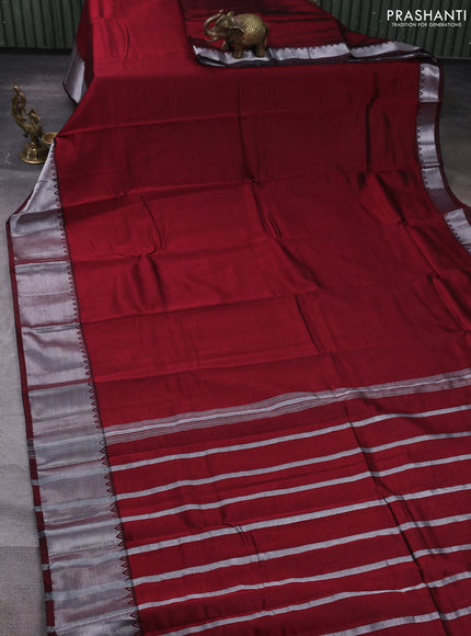 Mangalgiri silk cotton saree maroon and green with plain body and temple design silver zari woven border