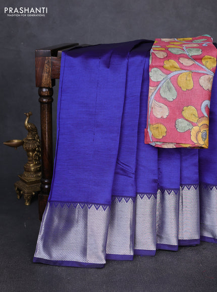 Mangalgiri silk cotton saree navy blue and maroon shade with plain body and temple design silver zari woven border