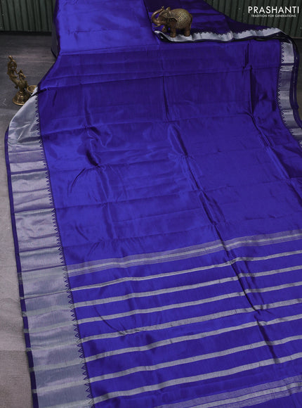 Mangalgiri silk cotton saree navy blue and maroon shade with plain body and temple design silver zari woven border