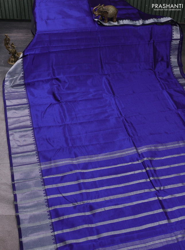 Mangalgiri silk cotton saree navy blue and maroon shade with plain body and temple design silver zari woven border