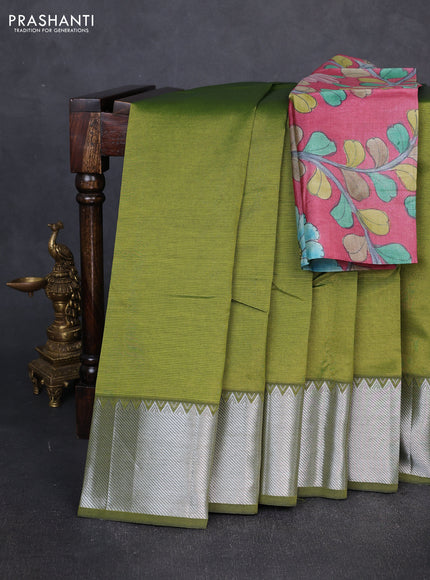 Mangalgiri silk cotton saree light green and pink shade with plain body and temple design silver zari woven border