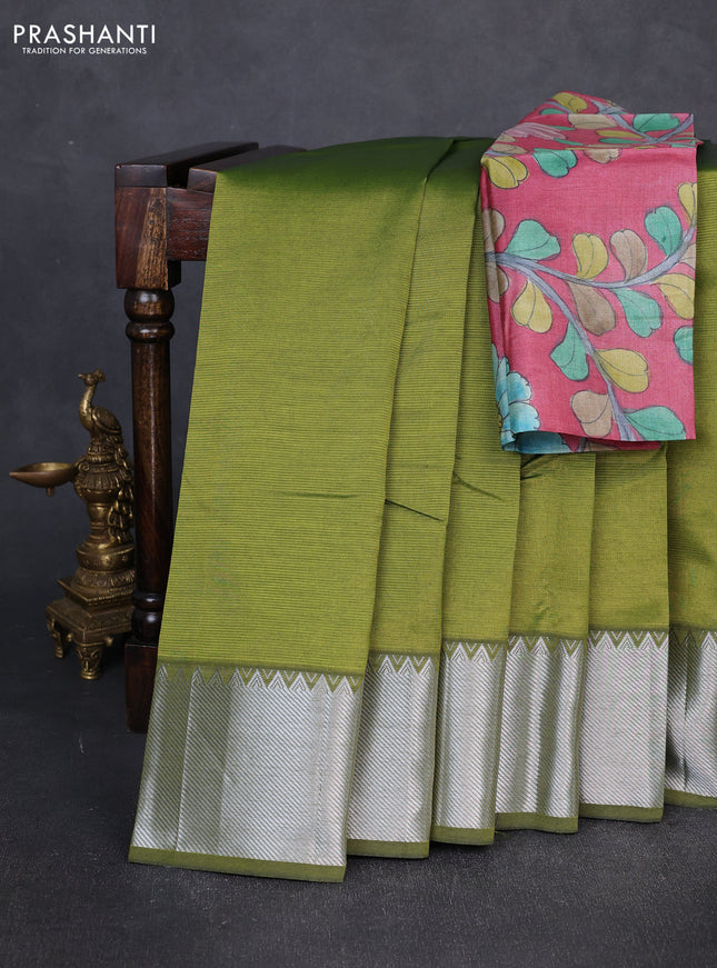 Mangalgiri silk cotton saree light green and pink shade with plain body and temple design silver zari woven border