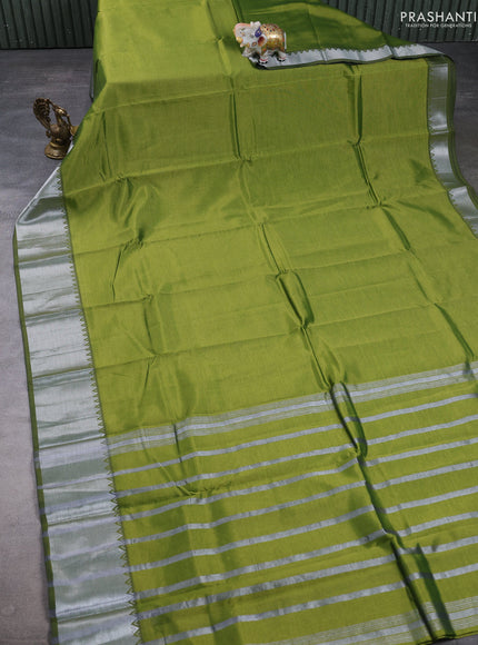 Mangalgiri silk cotton saree light green and pink shade with plain body and temple design silver zari woven border