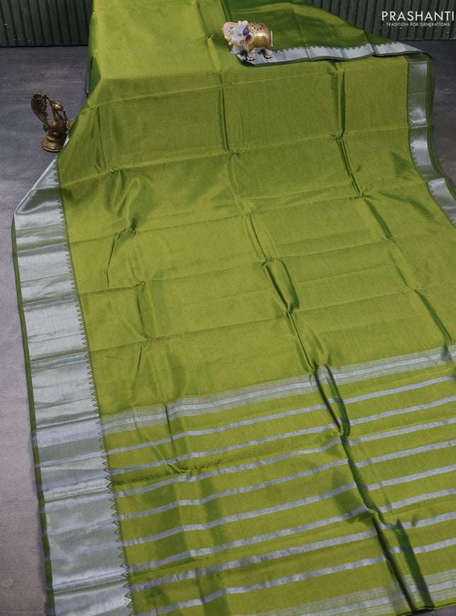 Mangalgiri silk cotton saree light green and pink shade with plain body and temple design silver zari woven border