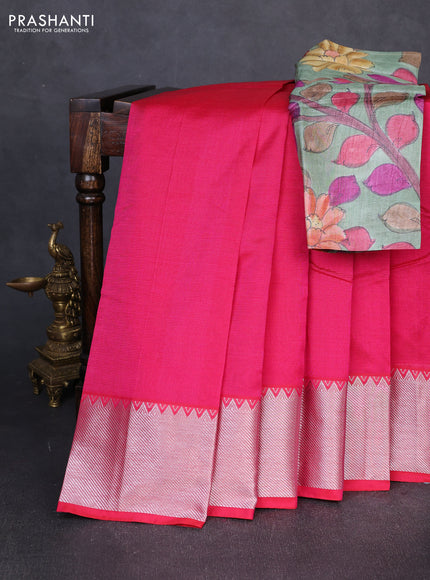 Mangalgiri silk cotton saree pink and green shade with plain body and temple design silver zari woven border