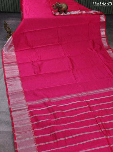 Mangalgiri silk cotton saree pink and green shade with plain body and temple design silver zari woven border