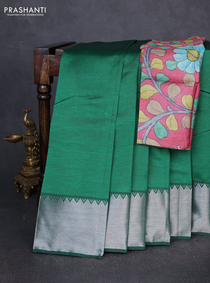 Mangalgiri silk cotton saree green and pink shade with plain body and temple design silver zari woven border