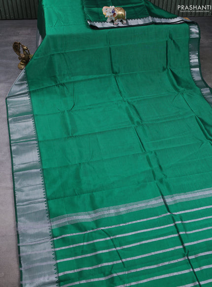 Mangalgiri silk cotton saree green and pink shade with plain body and temple design silver zari woven border