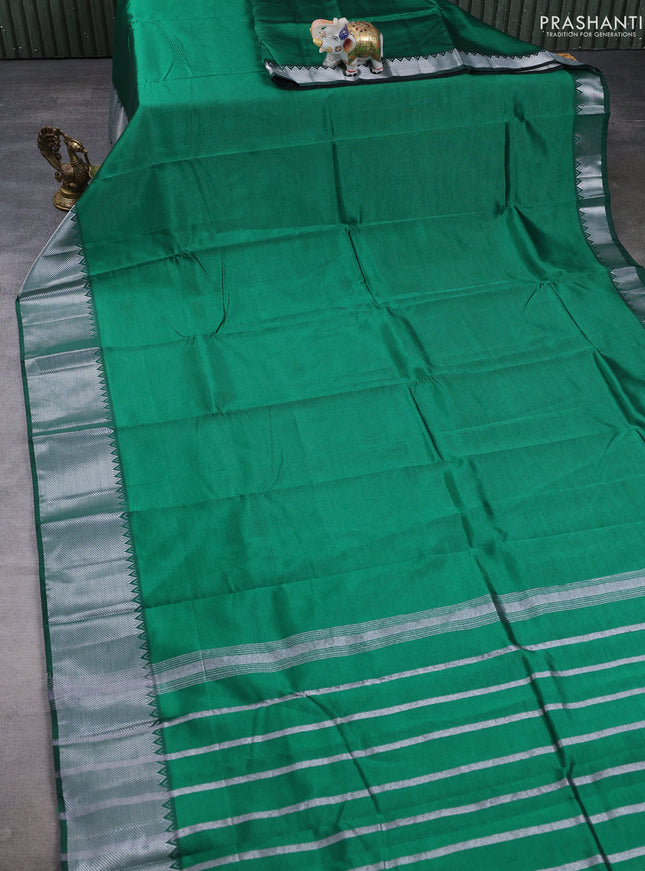 Mangalgiri silk cotton saree green and pink shade with plain body and temple design silver zari woven border