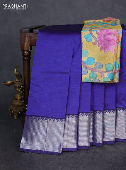 Mangalgiri silk cotton saree navy blue and mustard yellow with plain body and temple design silver zari woven border