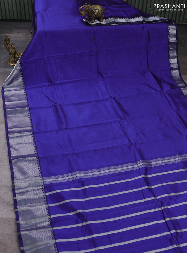 Mangalgiri silk cotton saree navy blue and mustard yellow with plain body and temple design silver zari woven border