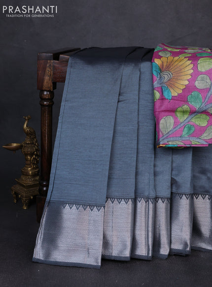 Mangalgiri silk cotton saree grey and purple with plain body and temple design silver zari woven border