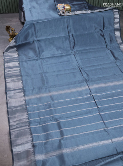 Mangalgiri silk cotton saree grey and purple with plain body and temple design silver zari woven border