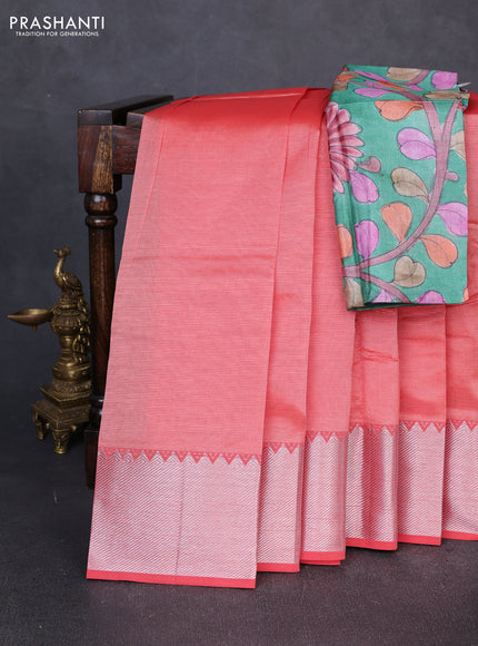 Mangalgiri silk cotton saree peach shade and green with plain body and temple design silver zari woven border