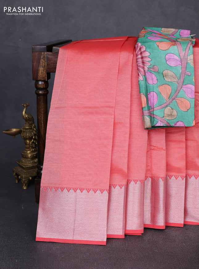 Mangalgiri silk cotton saree peach shade and green with plain body and temple design silver zari woven border