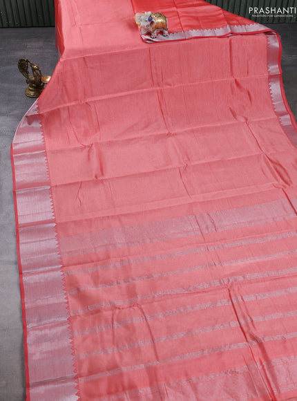 Mangalgiri silk cotton saree peach shade and green with plain body and temple design silver zari woven border