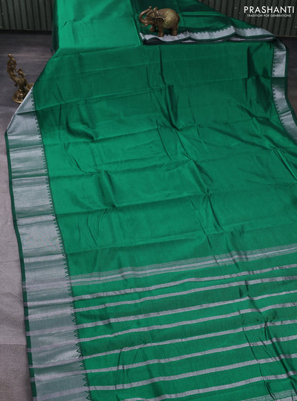 Mangalgiri silk cotton saree green and mustard yellow with plain body and temple design silver zari woven border