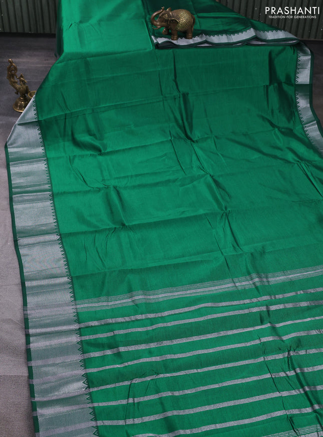 Mangalgiri silk cotton saree green and mustard yellow with plain body and temple design silver zari woven border
