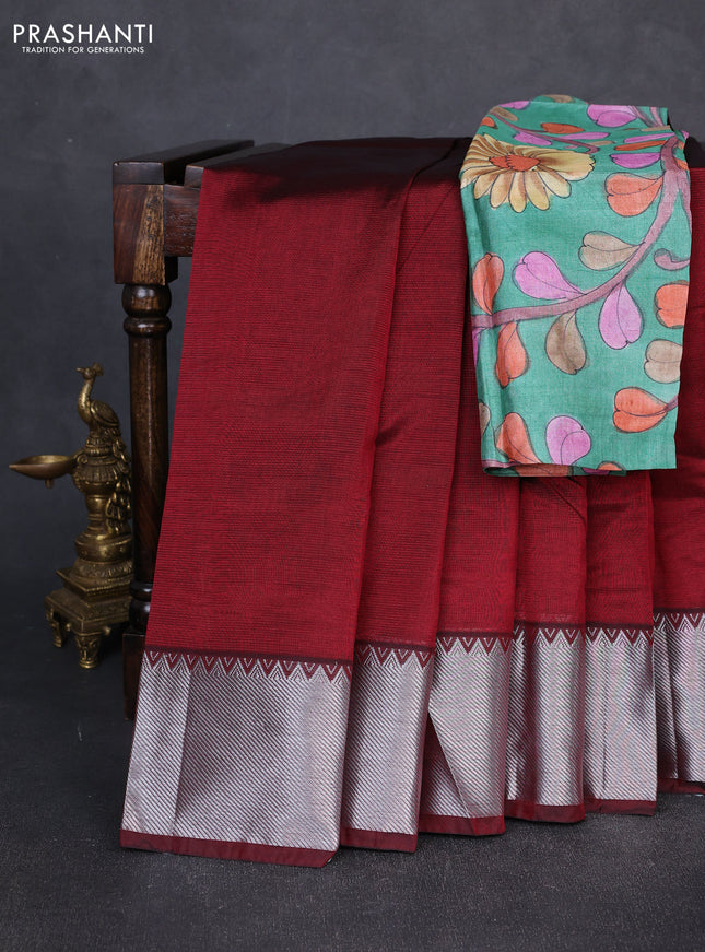 Mangalgiri silk cotton saree maroon and green with plain body and temple design silver zari woven border