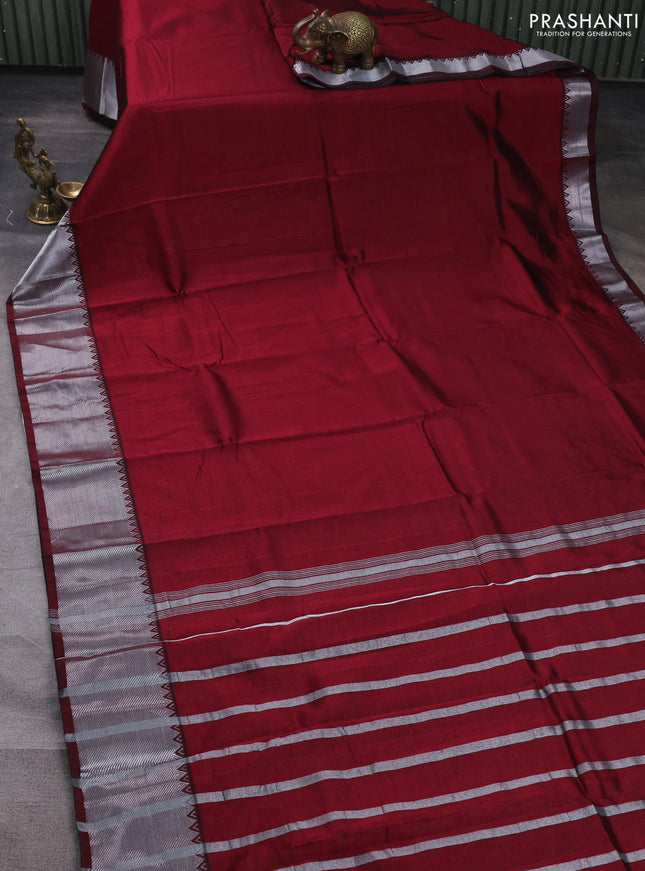 Mangalgiri silk cotton saree maroon and green with plain body and temple design silver zari woven border