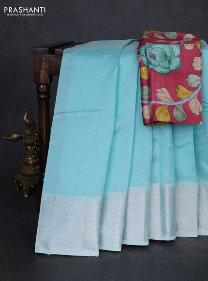 Mangalgiri silk cotton saree light blue and maroon shade with plain body and temple design silver zari woven border