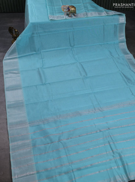 Mangalgiri silk cotton saree light blue and maroon shade with plain body and temple design silver zari woven border