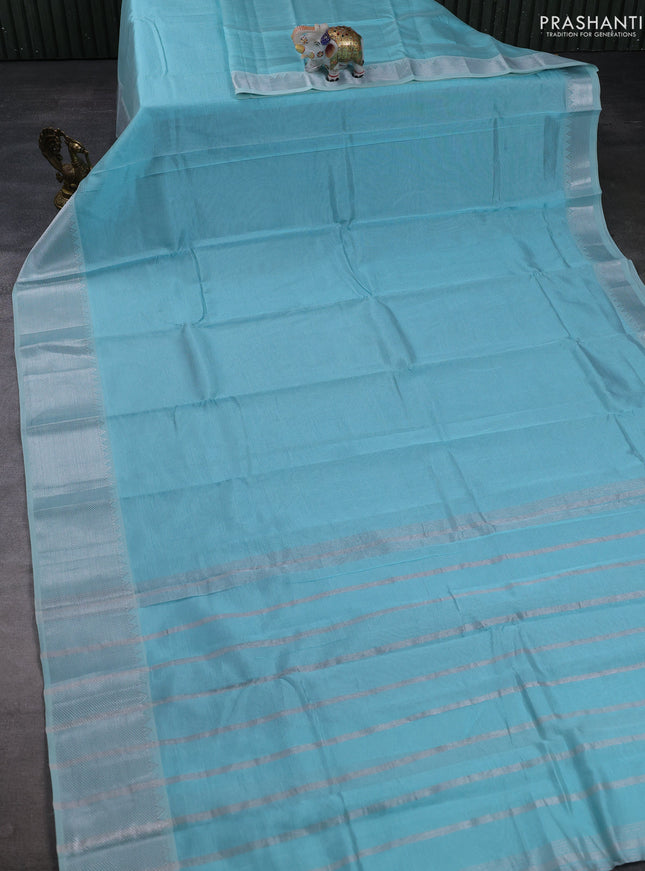 Mangalgiri silk cotton saree light blue and maroon shade with plain body and temple design silver zari woven border