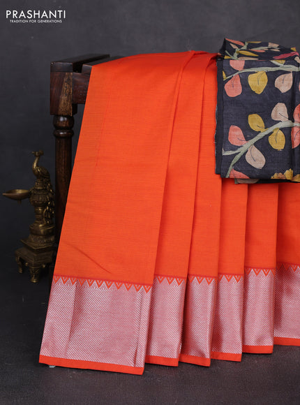 Mangalgiri silk cotton saree orange and elephant grey with plain body and temple design silver zari woven border