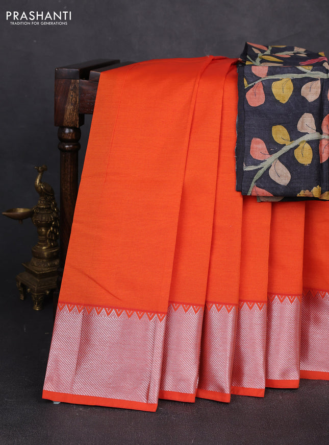 Mangalgiri silk cotton saree orange and elephant grey with plain body and temple design silver zari woven border