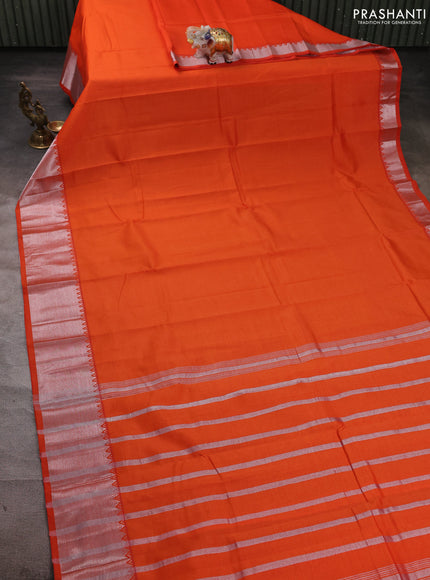 Mangalgiri silk cotton saree orange and elephant grey with plain body and temple design silver zari woven border