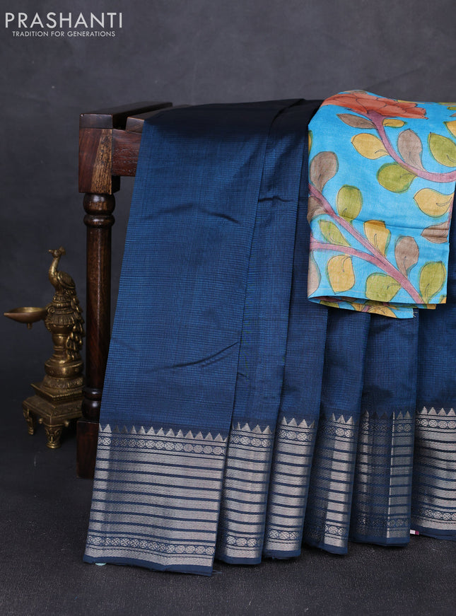 Mangalgiri silk cotton saree peacock blue and cs blue with plain body and temple design silver zari woven border
