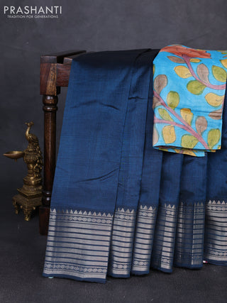 Mangalgiri silk cotton saree peacock blue and cs blue with plain body and temple design silver zari woven border