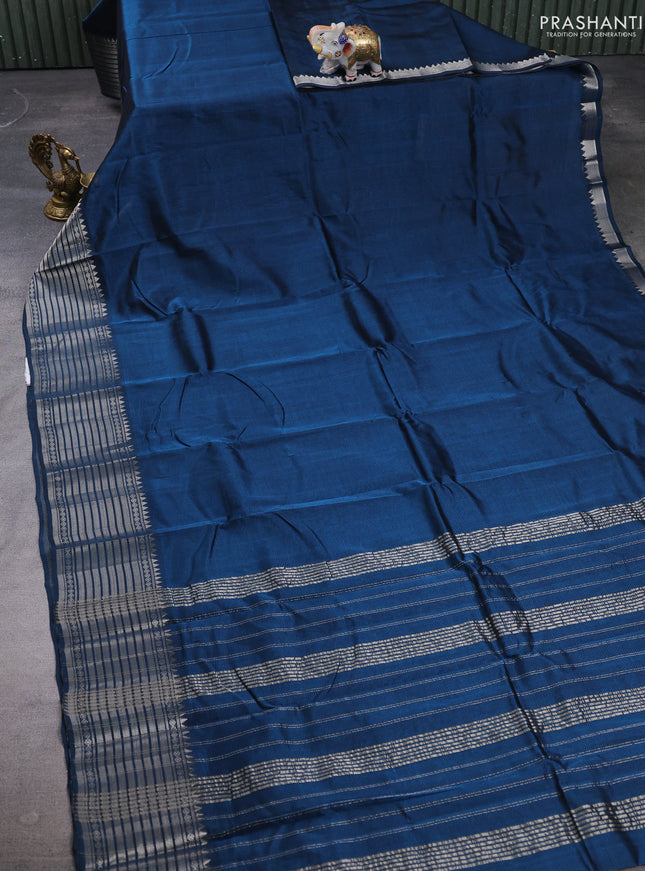 Mangalgiri silk cotton saree peacock blue and cs blue with plain body and temple design silver zari woven border