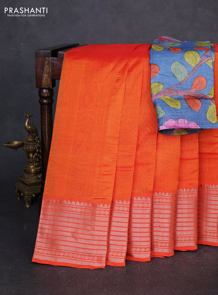 Mangalgiri silk cotton saree orange and bluish grey with plain body and temple design silver zari woven border