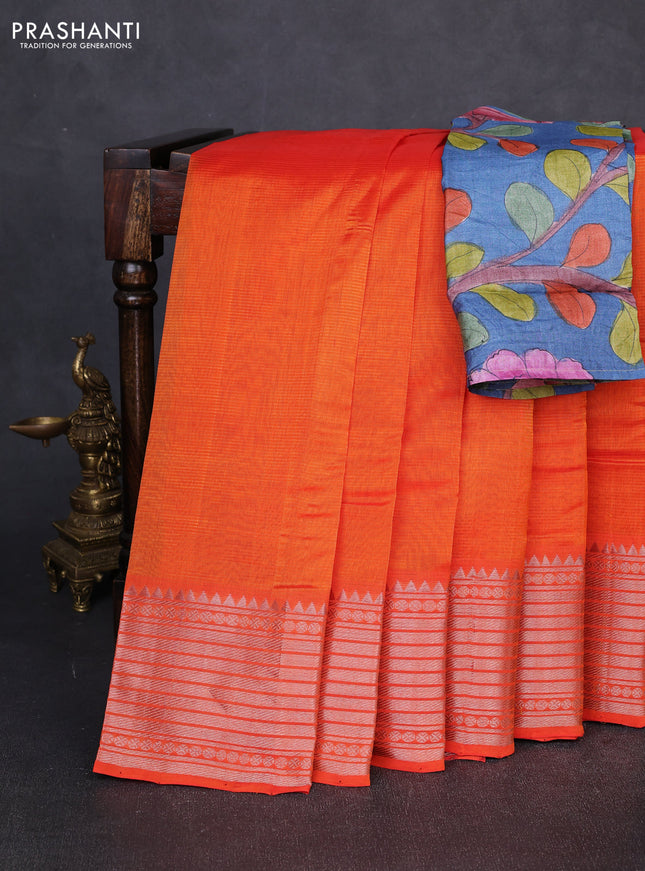 Mangalgiri silk cotton saree orange and bluish grey with plain body and temple design silver zari woven border