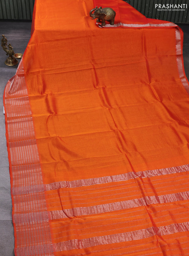 Mangalgiri silk cotton saree orange and bluish grey with plain body and temple design silver zari woven border