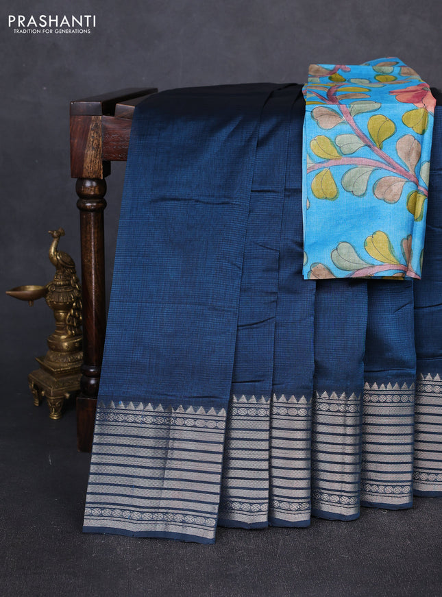Mangalgiri silk cotton saree peacock blue and blue with plain body and temple design silver zari woven border