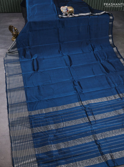Mangalgiri silk cotton saree peacock blue and blue with plain body and temple design silver zari woven border