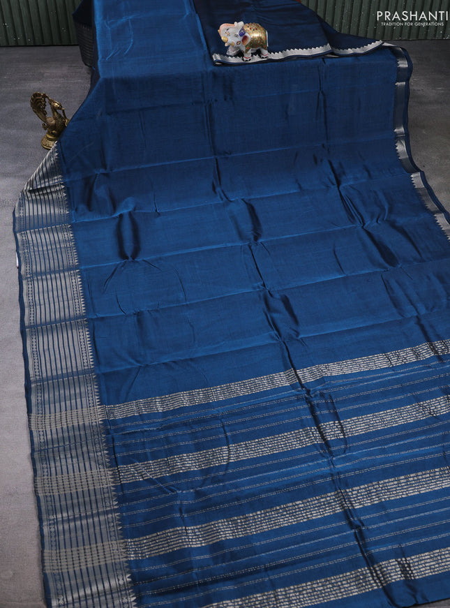 Mangalgiri silk cotton saree peacock blue and blue with plain body and temple design silver zari woven border