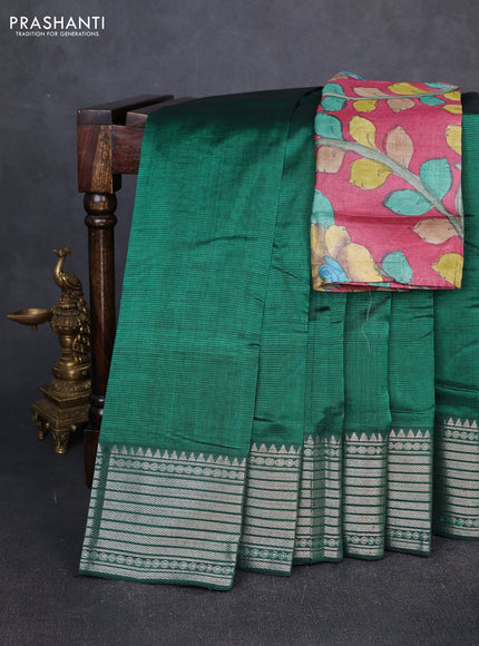 Mangalgiri silk cotton saree green and maroon shade with plain body and temple design silver zari woven border