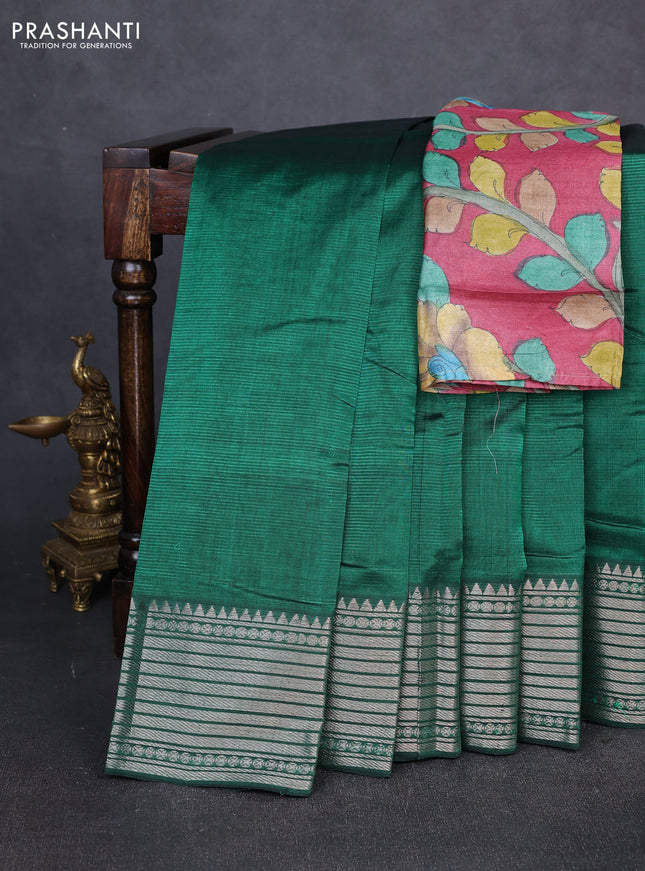 Mangalgiri silk cotton saree green and maroon shade with plain body and temple design silver zari woven border