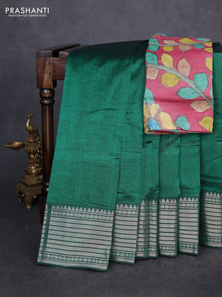 Mangalgiri silk cotton saree green and maroon shade with plain body and temple design silver zari woven border
