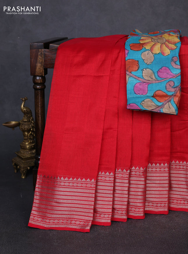 Mangalgiri silk cotton saree red and teal blue with plain body and temple design silver zari woven border
