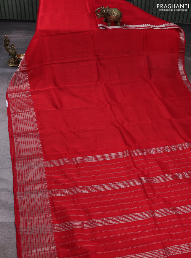 Mangalgiri silk cotton saree red and teal blue with plain body and temple design silver zari woven border
