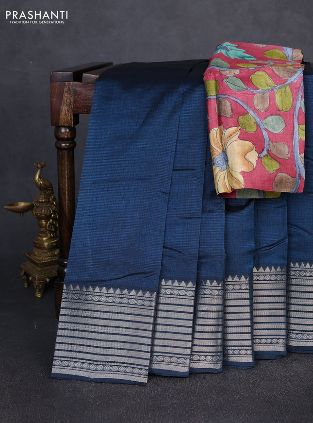 Mangalgiri silk cotton saree peacock blue and maroon shade with plain body and temple design silver zari woven border